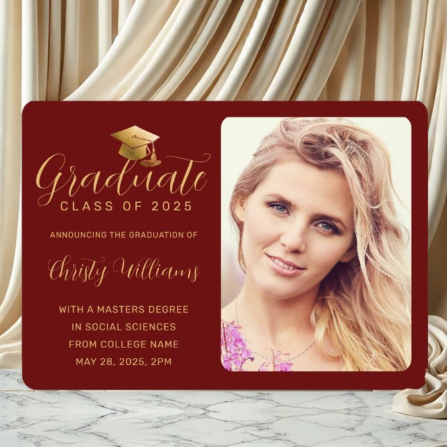 Elegant Red Gold Script Photo College Graduation Announcement (Maroon and Gold Photo Graduation Announcement for College Grads)