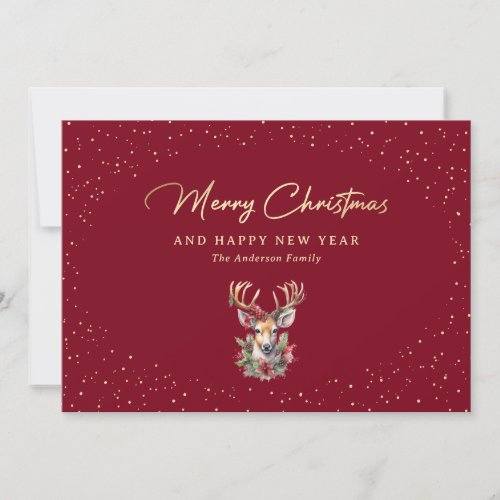 Elegant Red Gold Snow Reindeer Christmas Cards