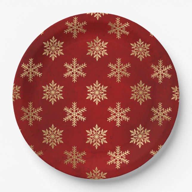 Elegant Red Gold Snowflakes Christmas Paper Plates (Front)