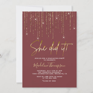 Elegant Red Gold Sparkling She did it Graduation Invitation