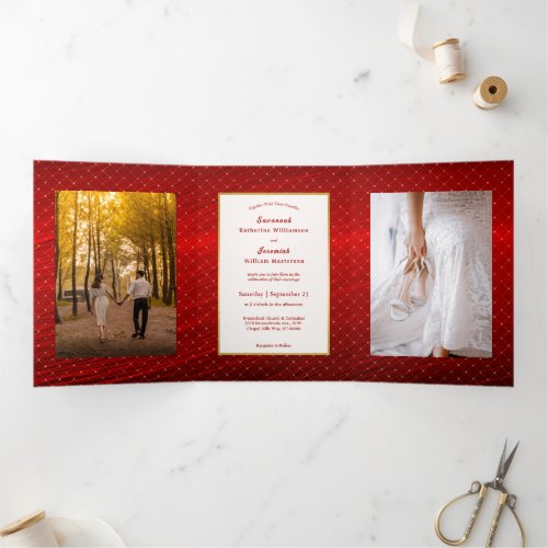 Elegant Red Gold Squares Customizable Wedding Tri_Fold Invitation