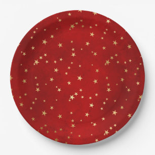 Elegant Red Gold Stars Christmas Paper Plates