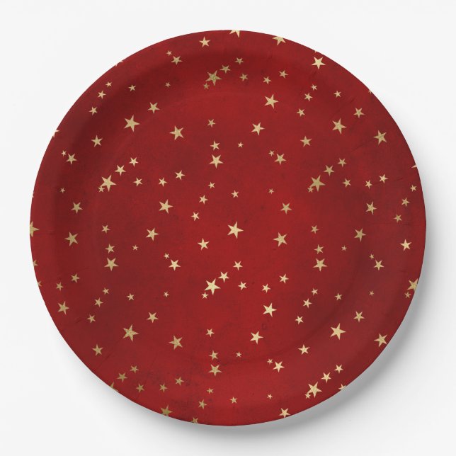 Elegant Red Gold Stars Christmas Paper Plates (Front)