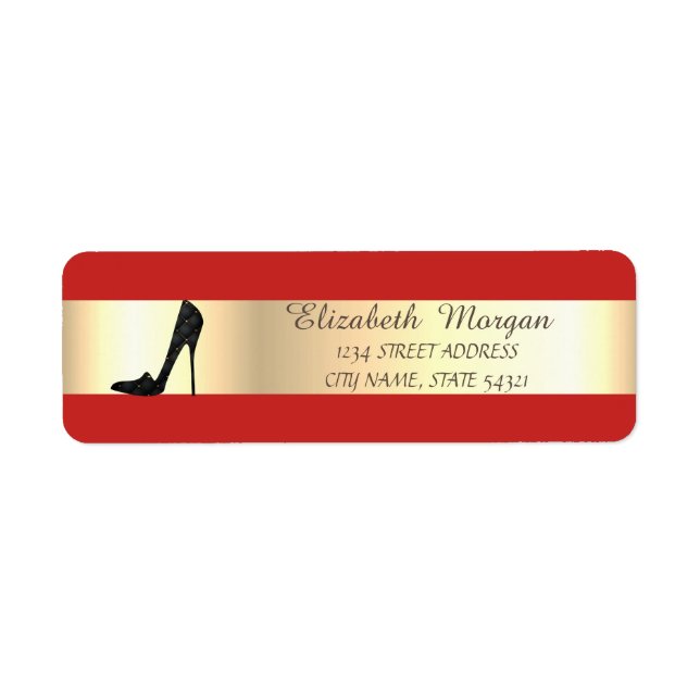 Elegant Red  ,Gold Stripe, High Heels Label (Front)