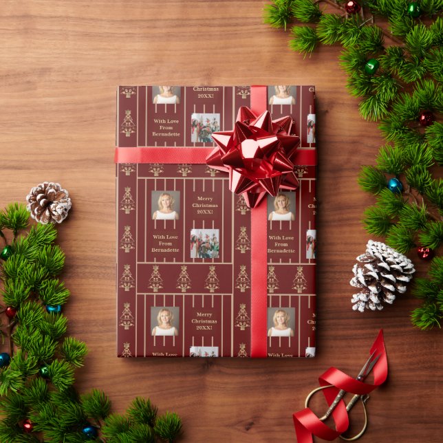 Elegant Red Gold Striped 2 Photo Sentiment Text Wrapping Paper (Holiday Gift)