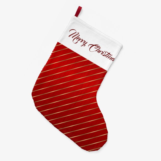 Elegant Red Gold Stripes Large Christmas Stocking (Front (Hanging))