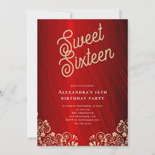Elegant Red Gold Sweet Sixteen Birthday Party Invitation