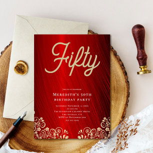 Elegant Red Gold Swirl 50th Birthday Party Invitation