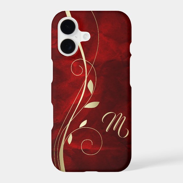 Elegant Red Gold Swirl Leaf Monogram Case-Mate iPhone Case (Back)