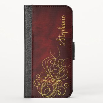 Elegant Red Gold Swirl Personalized Iphone X Iphone X Wallet Case by MegaCase at Zazzle