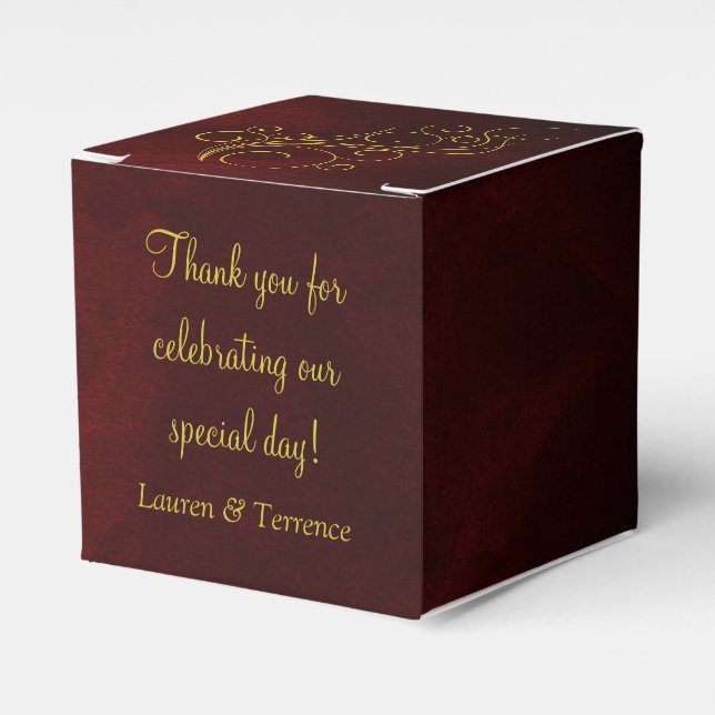Elegant Red Gold Swirl Wedding Favor Box (Front Side)