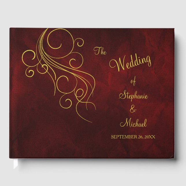 Elegant Red Gold Swirl Wedding Guest Book (Front)