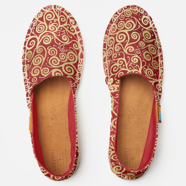   Elegant Red & Gold Swirls Pattern Boho Christmas Espadrilles (Front)