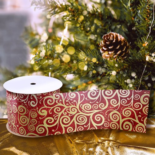   Elegant Red  Gold Swirls Pattern Boho Christmas Satin Ribbon