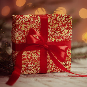   Elegant Red & Gold Swirls Pattern Boho Christmas Wrapping Paper