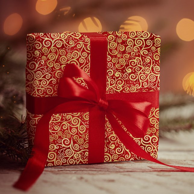   Elegant Red & Gold Swirls Pattern Boho Christmas Wrapping Paper (Creator Uploaded)