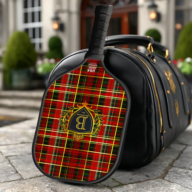 Elegant Red Gold Tartan Monogrammed Corporate  Carbon Fiber Pickleball Paddle (Elegant Classic Red Plaid Monogrammed Tartan Pickleball Paddle )