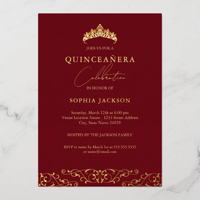 Elegant Red Gold Tiara Script Quinceanera Foil Invitation (Front)