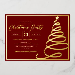 Elegant Red Gold Tree Christmas Party Foil Invitation