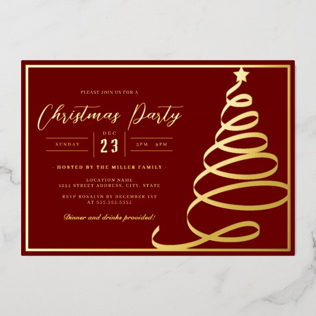 Elegant Red Gold Tree Christmas Party Foil Invitation (Front)
