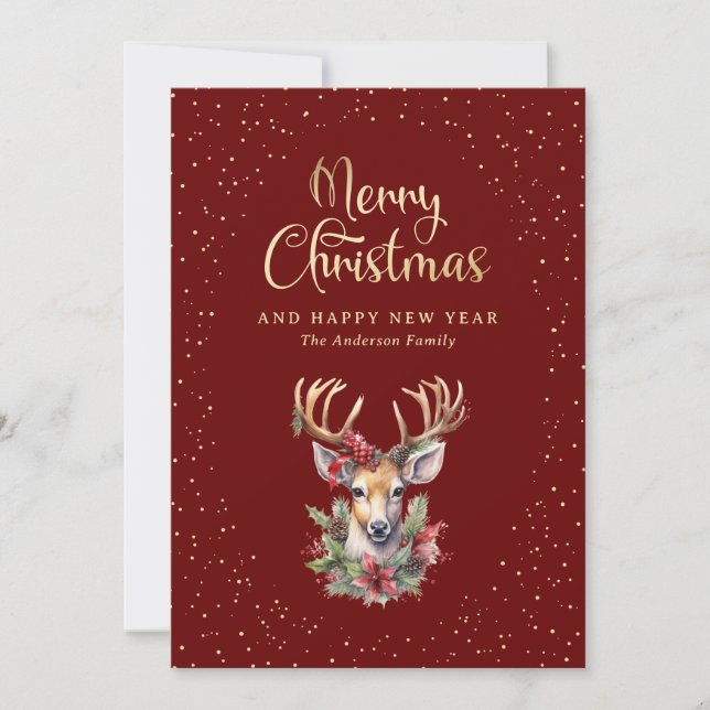 Elegant Red Gold Watercolor Deer Snow Holiday Card (Front)