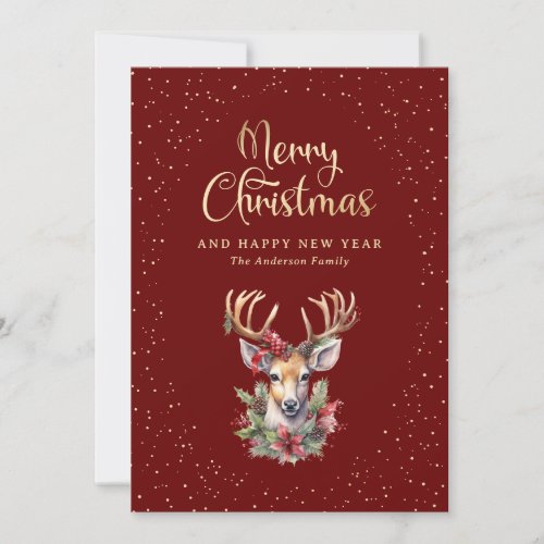Elegant Red Gold Watercolor Deer Snow Holiday Card