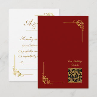 Elegant Red Gold Wedding Event QR Code RSVP Card