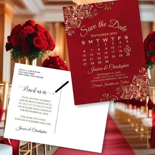 Elegant Red  Gold Wedding Save the Date Calendar Announcement Postcard