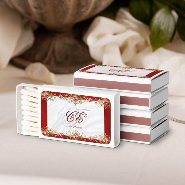 Elegant Red Gold Wedding Script Monogram Matchboxes (Creator Uploaded)