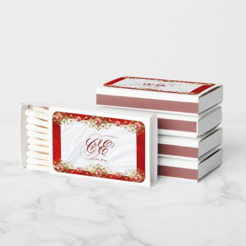 Elegant Red Gold Wedding Script Monogram Matchboxes