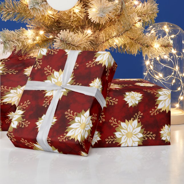 Elegant Red Gold White Poinsettia Flower Pattern Wrapping Paper (Holidays)