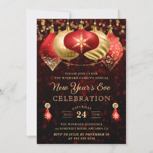 Elegant Red & Gold Winter Baubles New Year's Eve Invitation