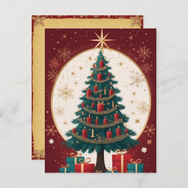 Elegant Red Golden Christmas Tree Greeting Card (Front/Back)