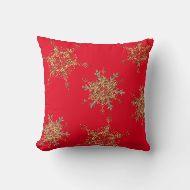 Elegant Red Golden Snow Flakes  Throw Pillow (Front)