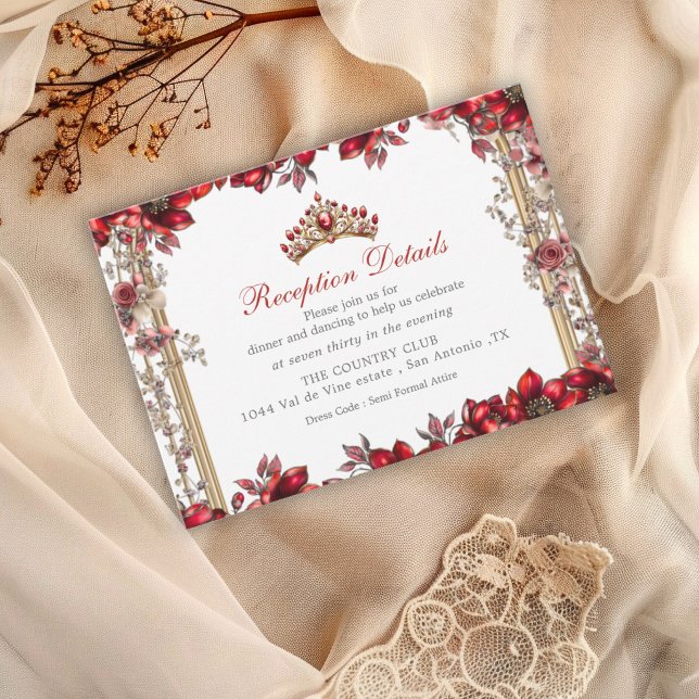 Elegant Red Golden Tiara Floral Quinceañera Enclosure Card (Creator Uploaded)