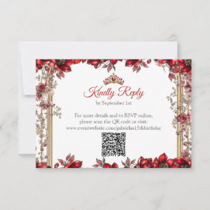 Elegant Red Golden Tiara Floral Quinceañera RSVP Card