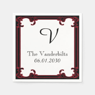 Elegant Red Gothic Frame Monogram Wedding Paper Napkins