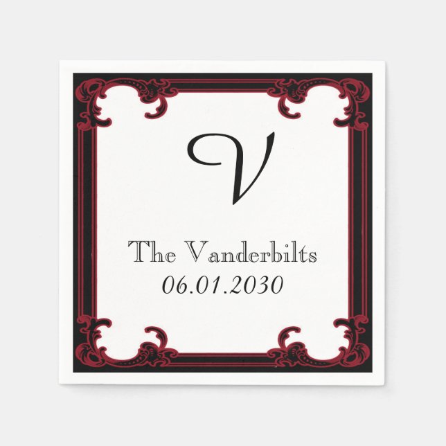 Elegant Red Gothic Frame Monogram Wedding Paper Napkins (Front)