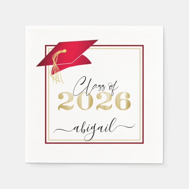 Elegant Red Graduation 2025 Metallic Gold Script Napkins (Front)