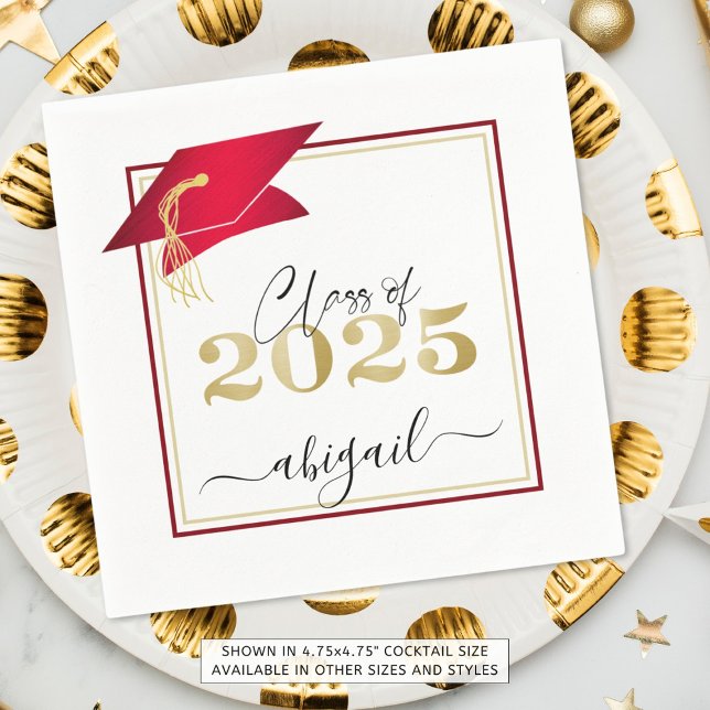 Elegant Red Graduation 2025 Metallic Gold Script Napkins (Creator Uploaded)