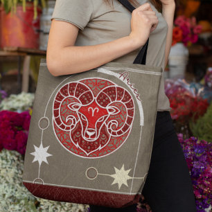 Elegant Red Gray Aries Zodiac Sign Mandala Tote Bag