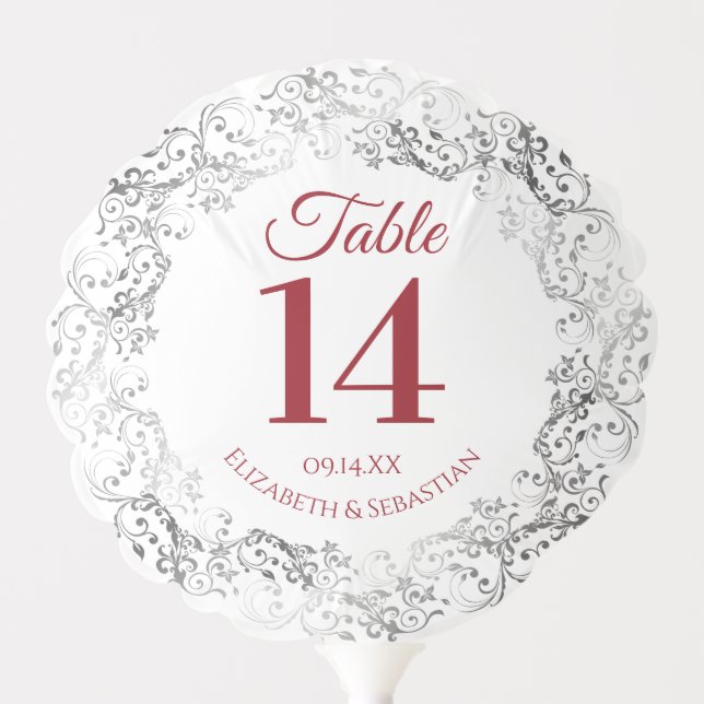 Elegant Red & Gray Frilly Wedding Table Number Balloon (Front)