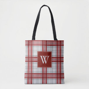 Elegant Red Gray Plaid Monogram Initial Tote Bag
