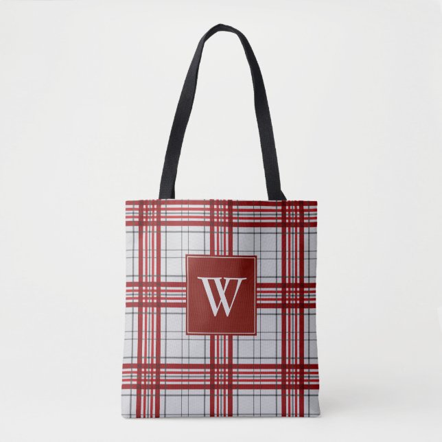 Elegant Red Gray Plaid Monogram Initial Tote Bag (Front)