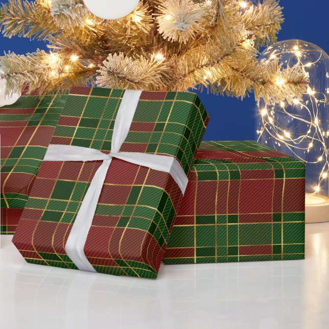 Elegant Red, Green and Gold Christmas Plaid Wrapping Paper (Holidays)