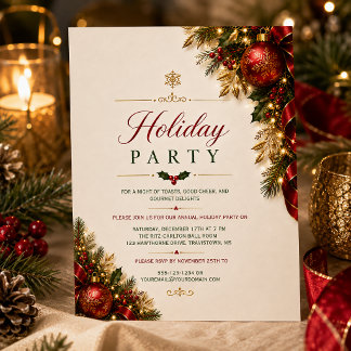Elegant Red Green and Gold Corporate Holiday Party Invitation