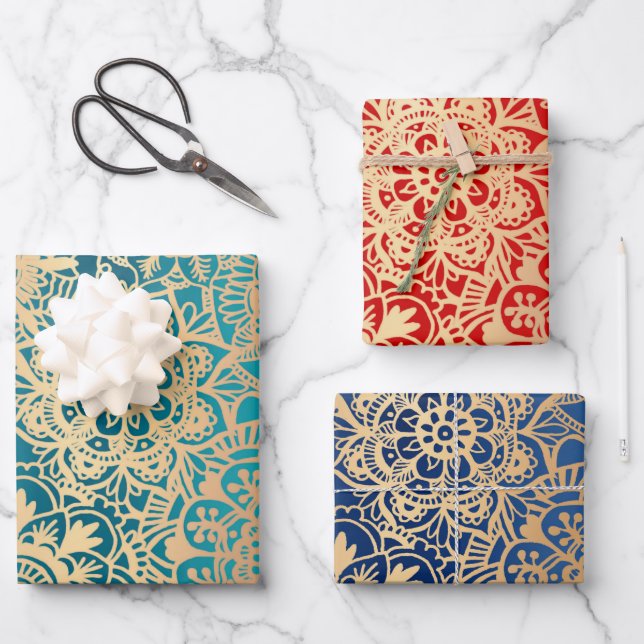 Elegant Red Green Blue and Gold Mandala Pattern Wrapping Paper Sheets (Front)