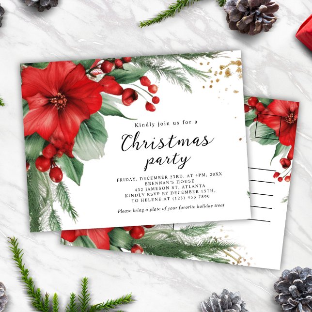 Elegant Red Green Botanical Christmas Party Invitation Postcard (Elegant Red Green Botanical Christmas Party Invitation Postcard)