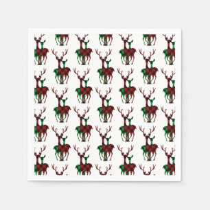 Elegant Red & Green Buffalo Plaid Reindeer Couple Napkins