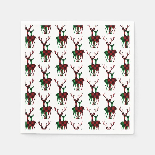 Elegant Red & Green Buffalo Plaid Reindeer Couple Napkins (Front)